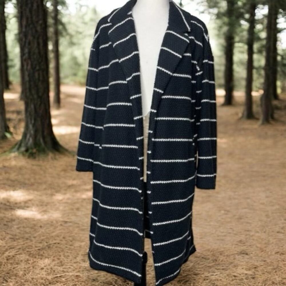 NWT Marine Layer Birdseye Coat Open Front Cardigan Black White Stripes Sz Medium - Picture 6 of 7